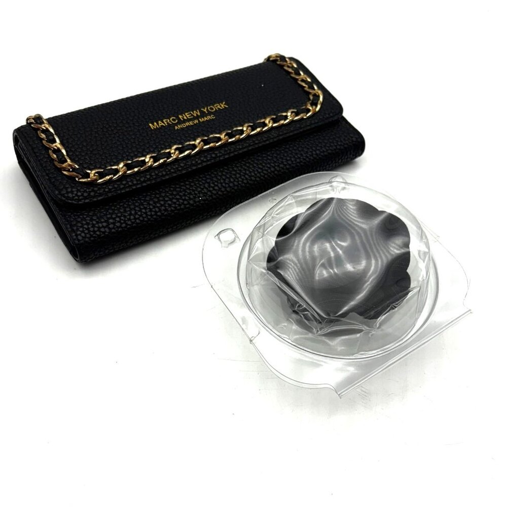 Marc New York Andrew Marc Black Wallet w Gold Chain Detail Black Fabric Flower